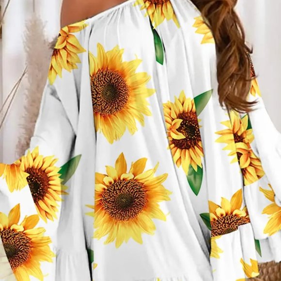 Sunflower Print Bell Sleeve Ruffle Hem Swing Dress - Picture 4 of 6